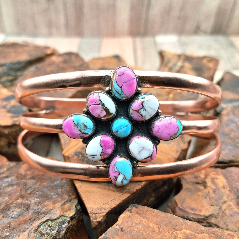 Cotton Candy Turquoise Copper Cuff Bracelet Pink Blue Cluster Boho Southwestern